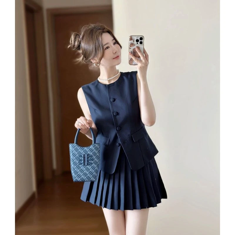 【店铺热销】小香风无袖西装马甲套装裙女2025夏款高级感小个子百褶