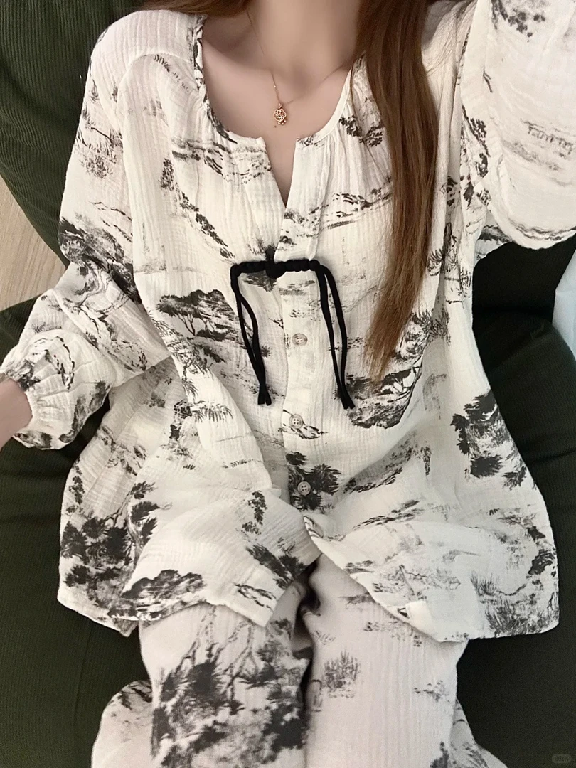 水墨印花印花长袖睡衣套装高级轻奢感国风优雅气质新中式家居服女