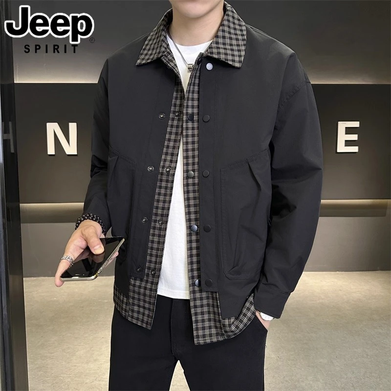 JEEPSPIRIT吉普假两件格子外套男士翻领夹克男款秋季新款拼接工装