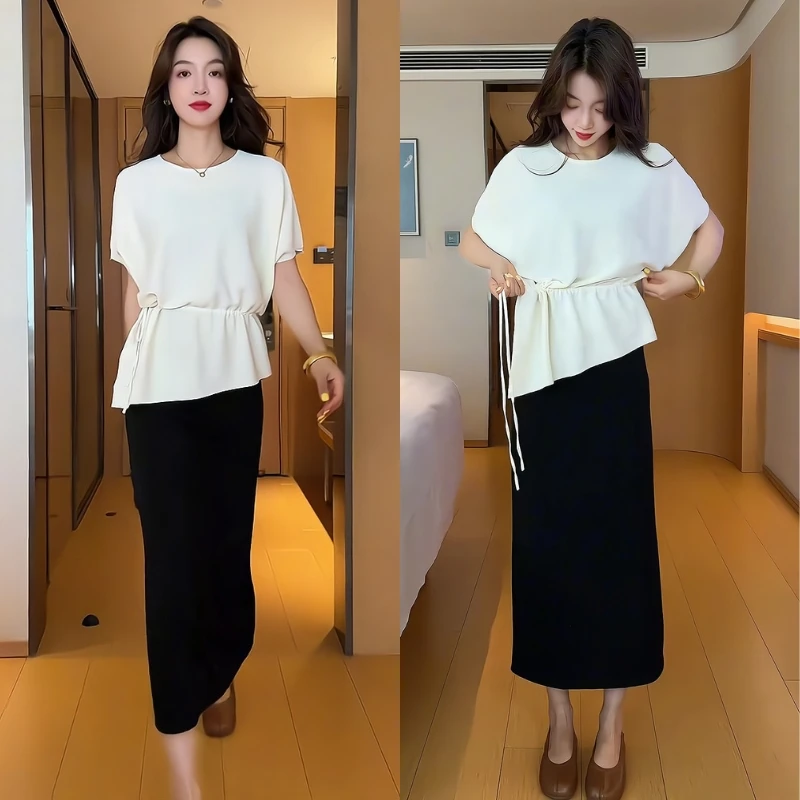 一整套ootd穿搭韩版气质轻熟风透气抽绳收腰针织衫显瘦半身裙套装