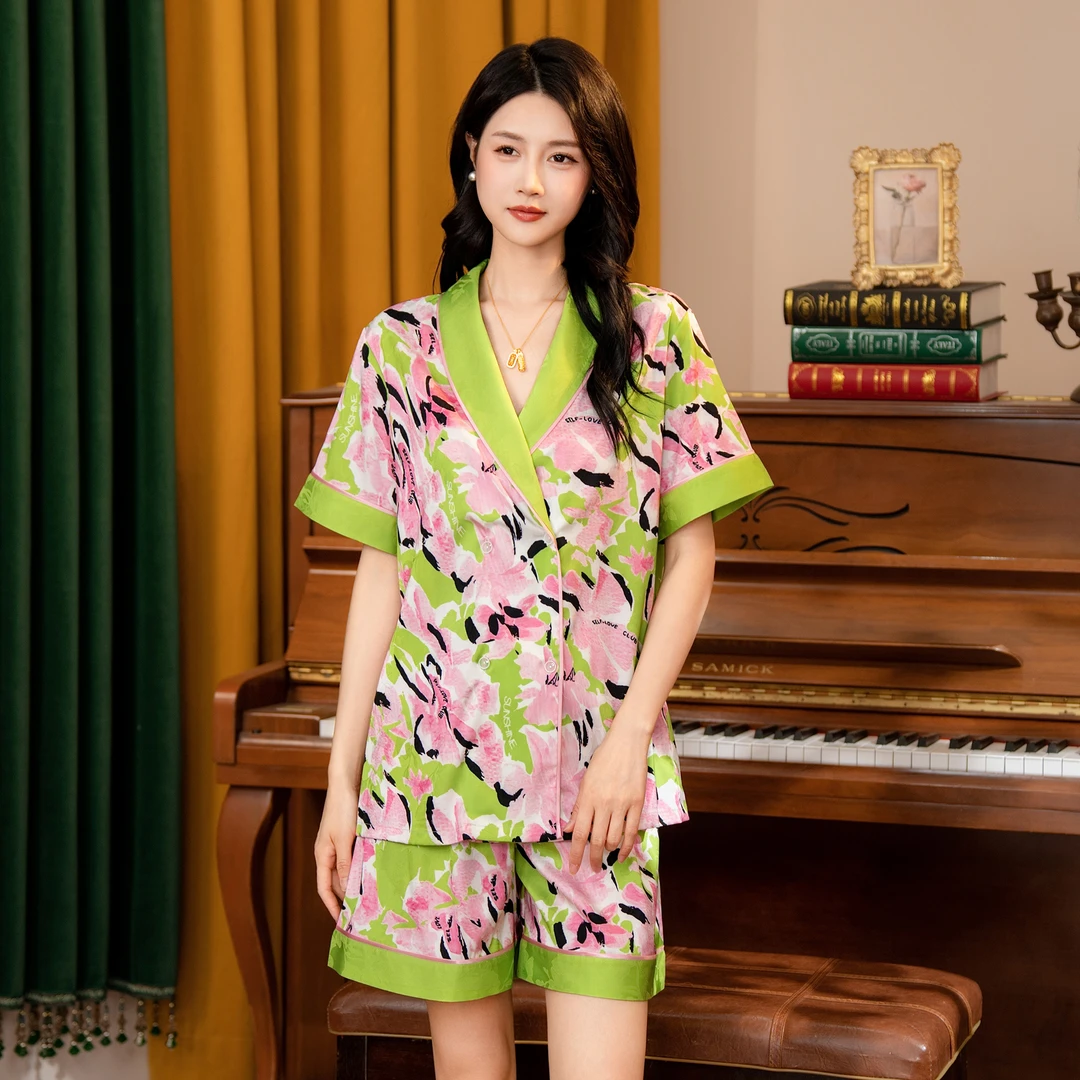 达芬奇密码粉青花丛2025高级冰丝睡衣新款夏短袖短裤套装外穿