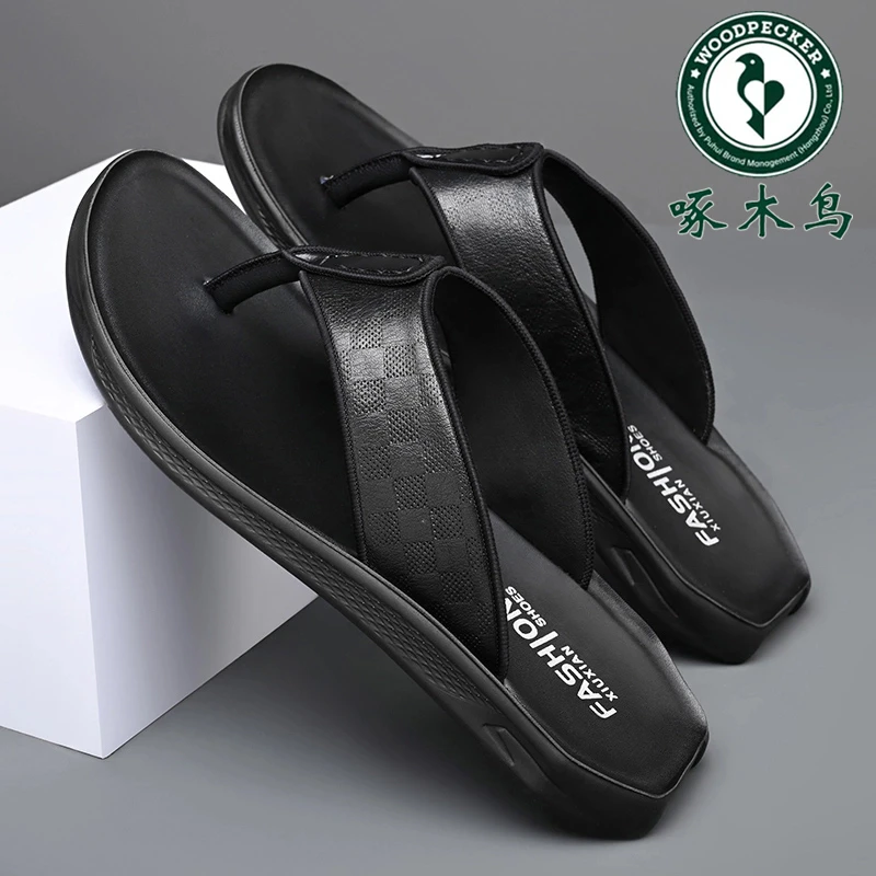 【啄木鸟】人字拖夏季真皮外穿时尚拖鞋男防滑防臭男士款凉鞋沙滩鞋