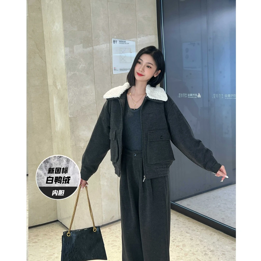 冬季新款时尚翻领外套阔腿裤羽绒内胆外套+直筒长裤套装10076