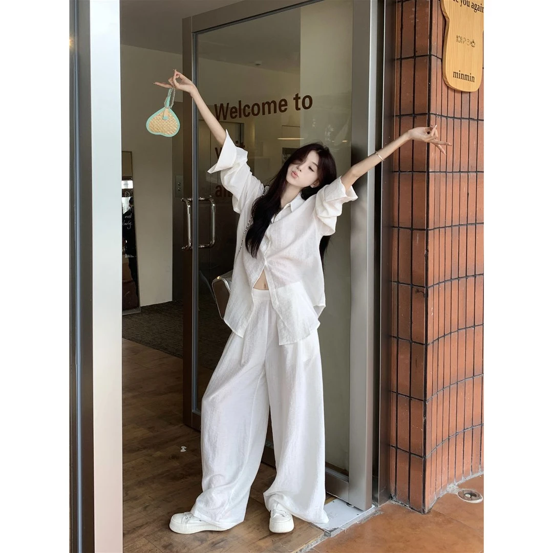 老钱风松弛感女装贵气K老钱风套装女早春慵懒风亚麻防晒衬衫休闲