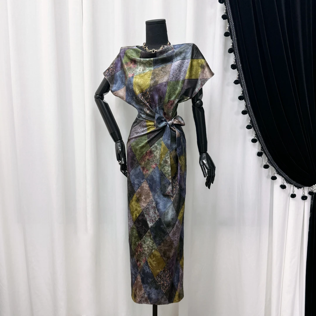 2025新款夏季拼接系带宽松腰通勤风连衣裙显瘦复古时尚