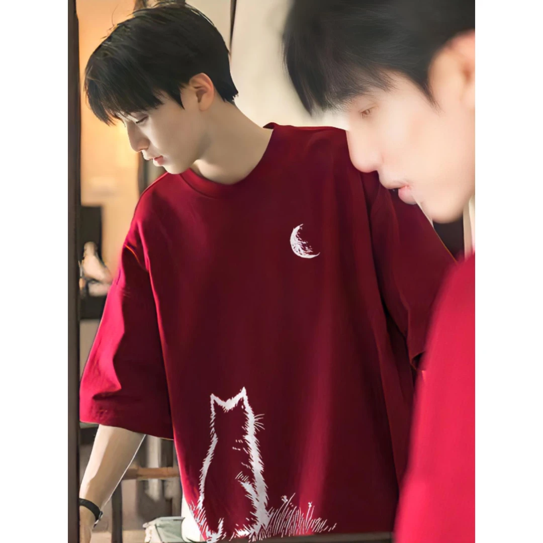 FAVMARTHA.酒红色猫咪印花恤男款夏季棉少年感穿搭重磅韩版t恤男