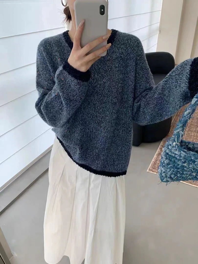 ANYUMO/安妤茉6961圆领亮片宽松型针织衫长袖秋冬毛衣重工气质