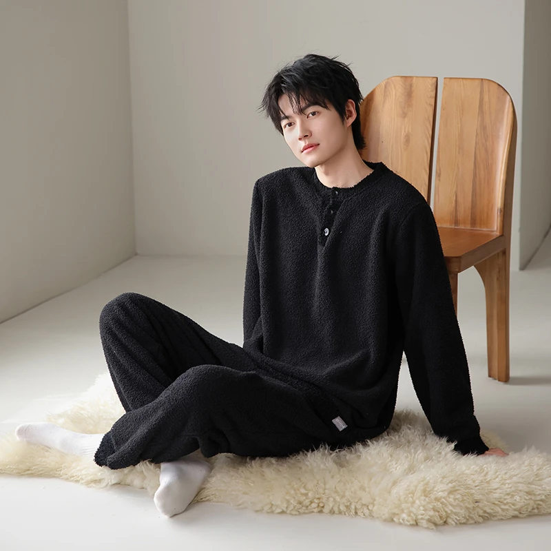 秋冬季男士睡衣新款半边绒长袖长裤保暖加厚休闲宽松大码家居服