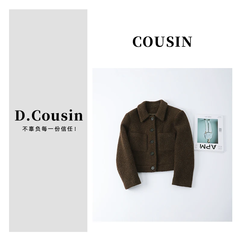 【D.cousin】秋季绵羊毛短款翻领欧美风短外套时尚毛呢