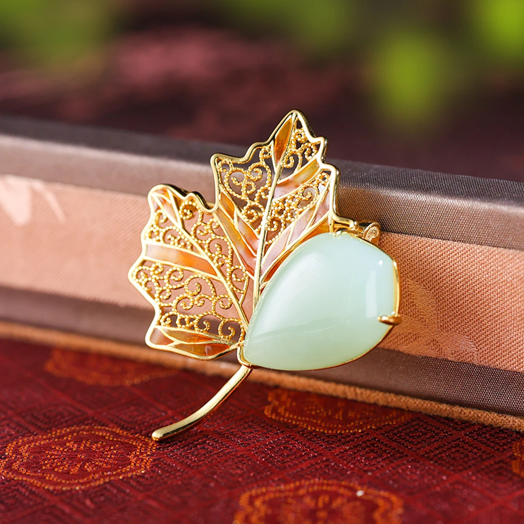 白玉世家晚秋/和田玉S925银镶和田玉枫叶胸针春日上新礼物