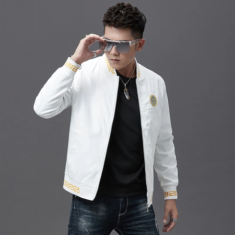 轻奢高端美人头刺绣夹克男春秋外套休闲白色上衣修身百搭短款男装