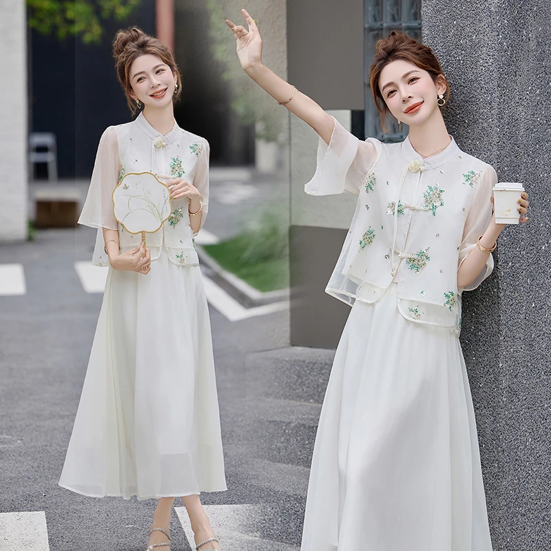 新中式国风夏季改良刺绣盘扣上衣搭配半身裙套装女时髦洋气两件套