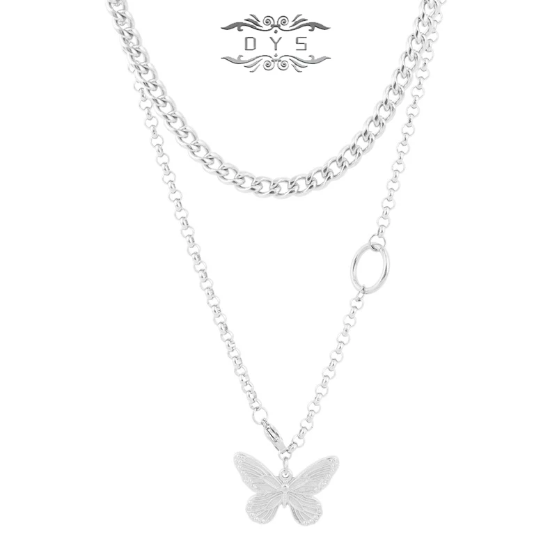 钛钢铅玻璃项链 不锈钢蝴蝶双层项链 女 钛钢项链颈链 校园韩国风