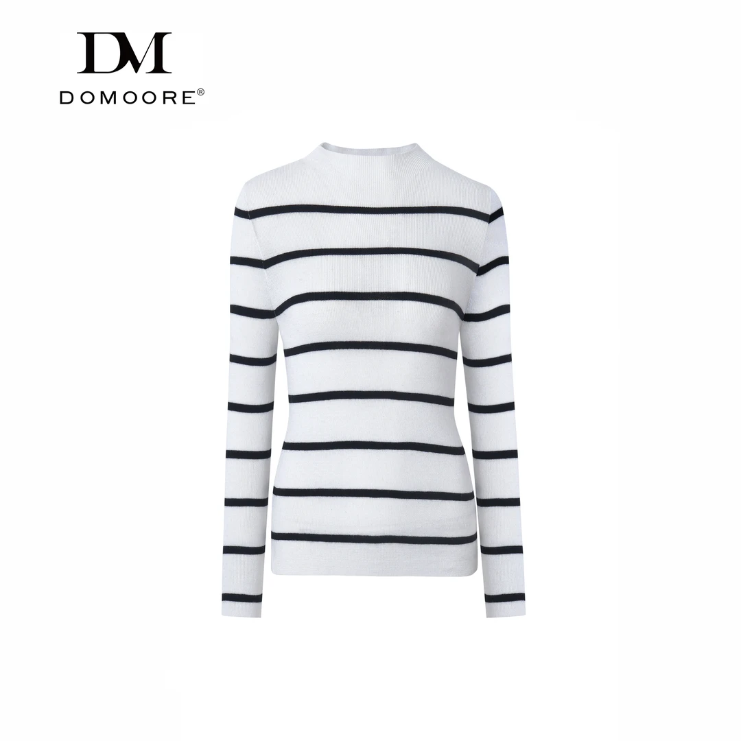 【礼盒包装】 无压感高密精纺条纹半高领绵羊毛针织衫DM-6104-1