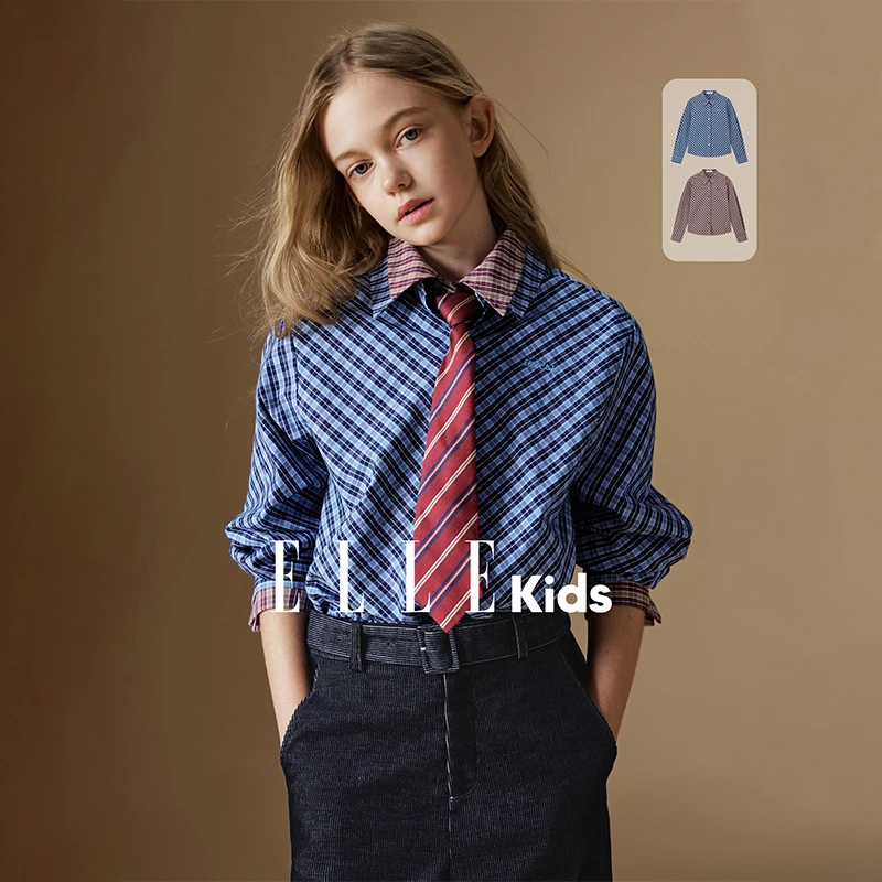 ELLE KIDS 格纹绣花长袖衬衫女童秋季新款经典复古学院风上衣Q5