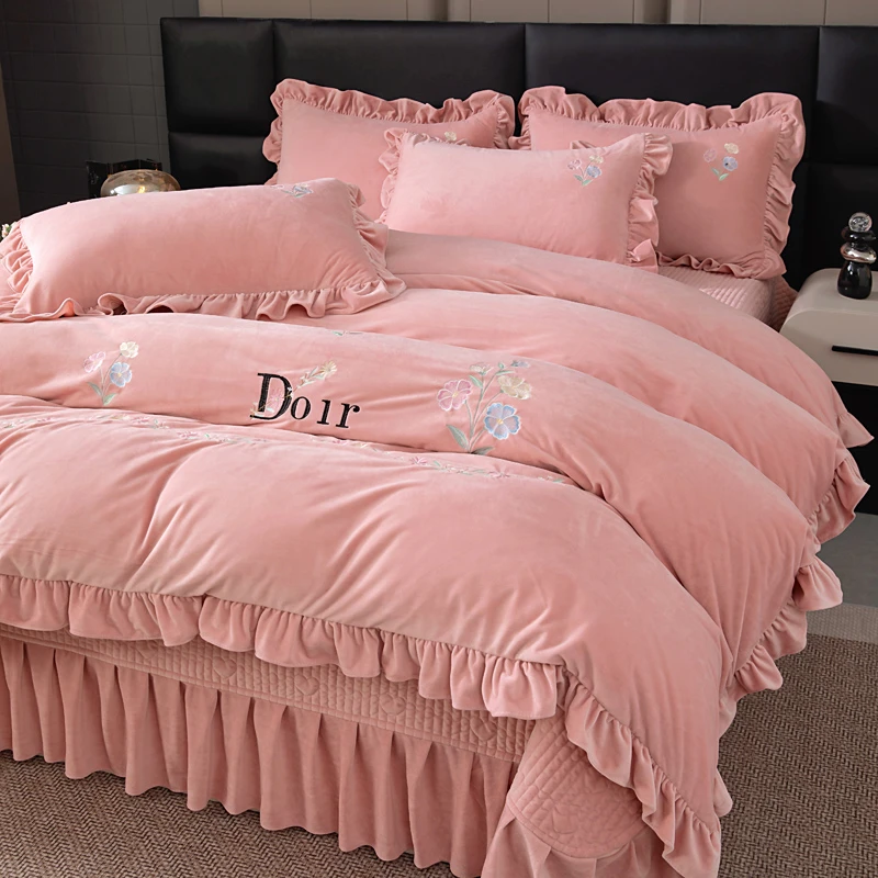 【夹棉床盖款】婴儿绒四件套 冬季纯色加厚保暖夹棉床罩防滑不跑床