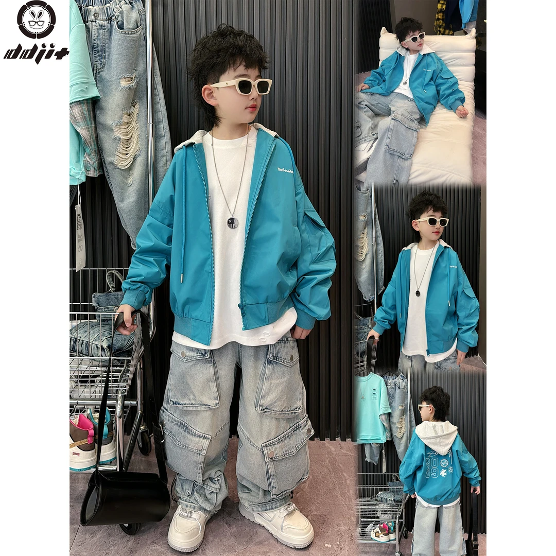 蛋蛋家【塞纳的蓝】春季新款洋气湖蓝色灰帽子假两件外套