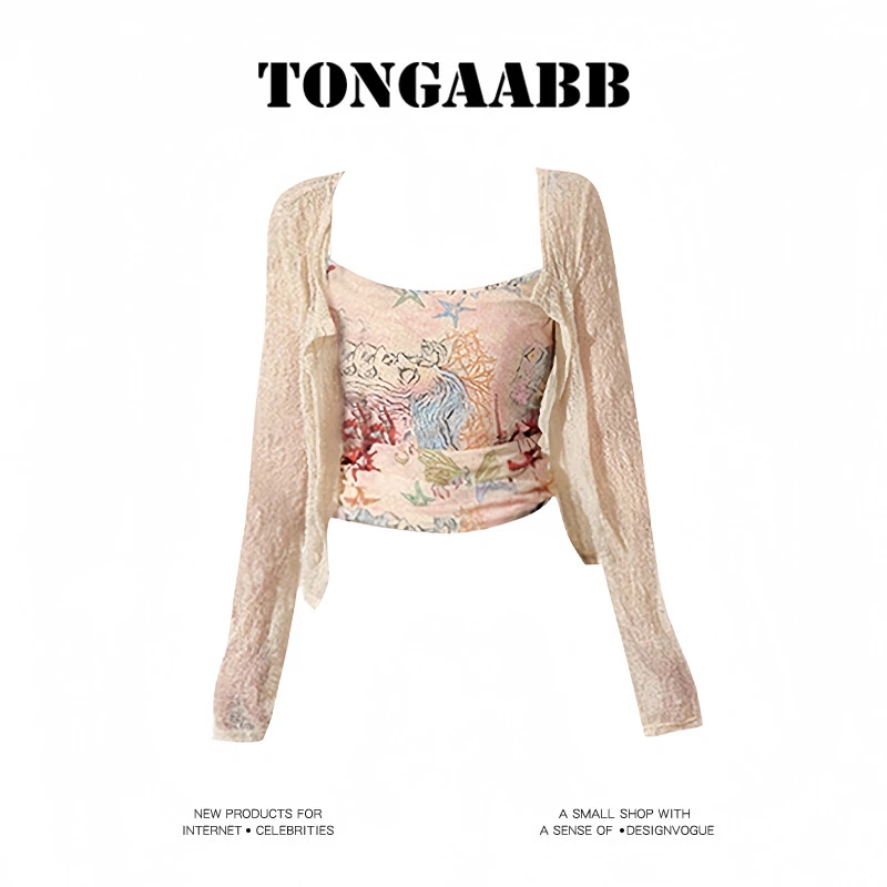 TONGAABB涂鸦印花网纱吊带背心女薄款长袖开衫上衣两件套