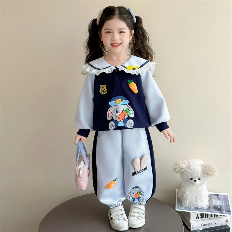 女童秋装卡通套装洋气儿童春秋季时髦女宝宝娃娃领卫衣休闲两件套
