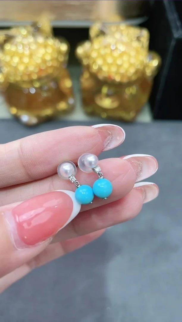 铂Pt900镶嵌绿松石耳饰