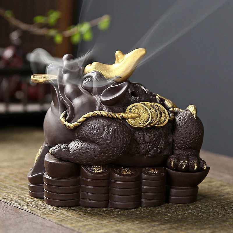 紫砂三足金蟾香炉招财进宝家用蟾蜍香薰炉室内盘香檀香工艺品摆件