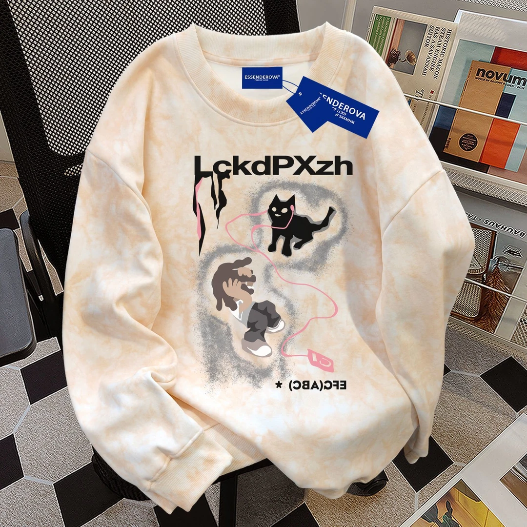 日系休闲美式高街扎染圆领卫衣男女秋冬季加绒加厚宽松显瘦上衣潮