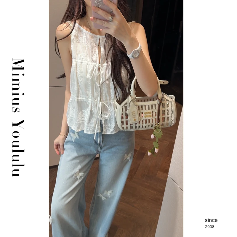 【mimius】喵喵 法式气质减龄刺绣抽绳无袖上衣 G05128