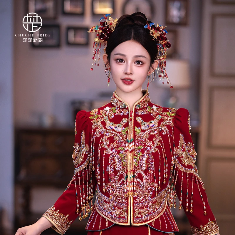 新款中式绒花新娘结婚秀禾服复古凤钗秀禾头饰旗袍套装配饰品