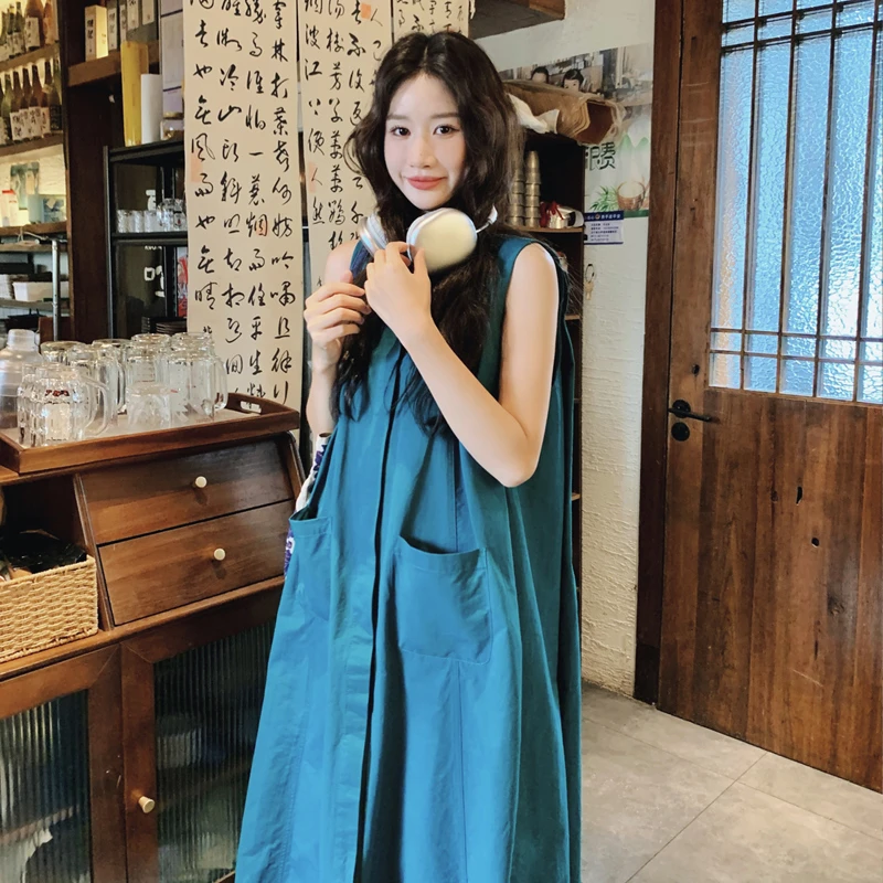 无袖夏装过膝时尚单排多扣显瘦长裙套头常规连衣裙大码夏季夏天