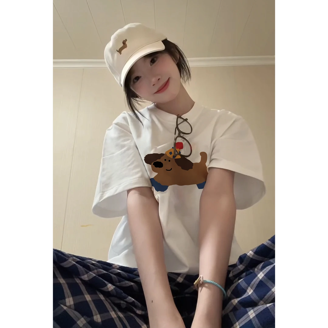 新款夏季新款纯棉百搭圆领短袖t恤女韩版休闲卡通宽松半袖上衣女