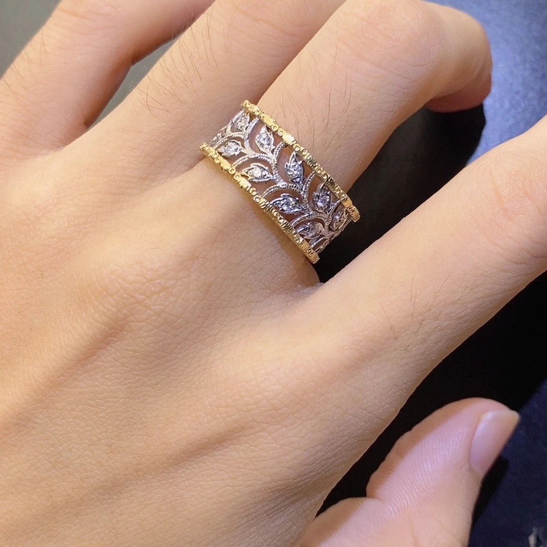 戒指/指环18K金镶嵌钻石宽版树叶蕾丝双色