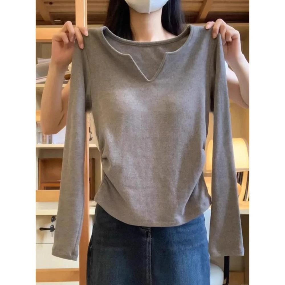 灰色V领T恤女士秋装2025新款爆款欧货小衫洋气修身内搭打底衫上衣