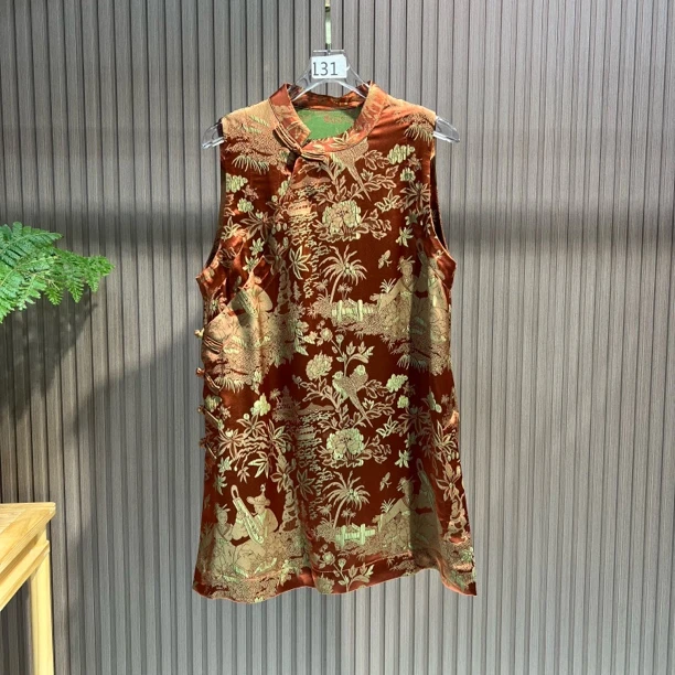 红棕雅韵 新中式国风新款无袖洋气桑蚕丝中长款背心上衣衬衫