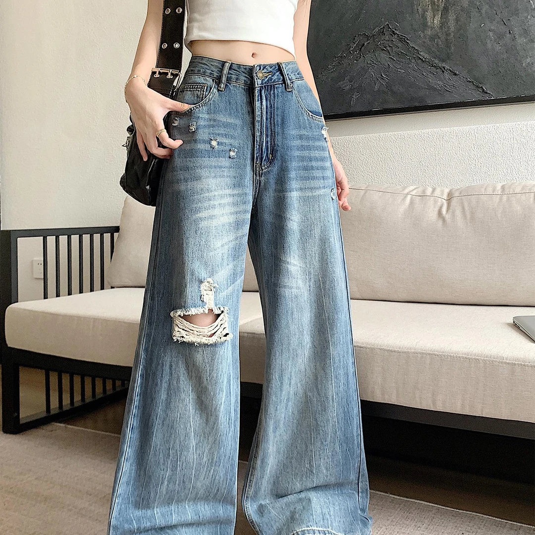 美式高街破洞牛仔裤女夏季2025新款高腰宽松阔腿裤乞丐拖地长裤子