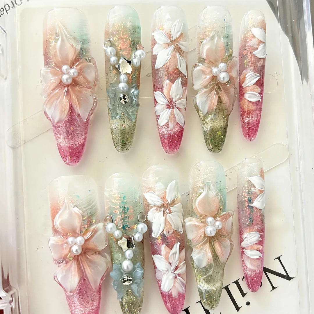 【雾屿繁花】手工美甲甲片琉璃冰花捏花手绘美甲新款高级感穿戴甲