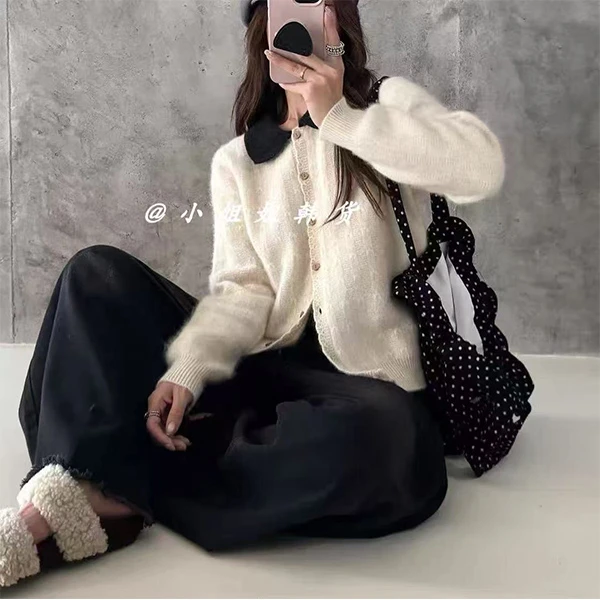 【黑色娃娃领米白钩花单排扣开衫】针织衫宽松显瘦休闲时尚百搭