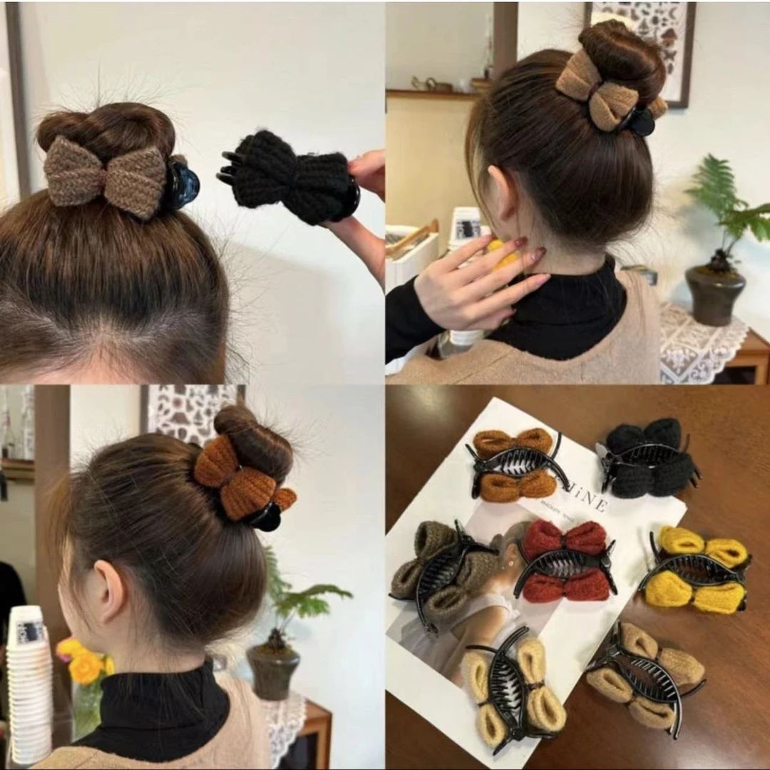 毛绒秋冬咖系针织蝴蝶结丸子头抓夹