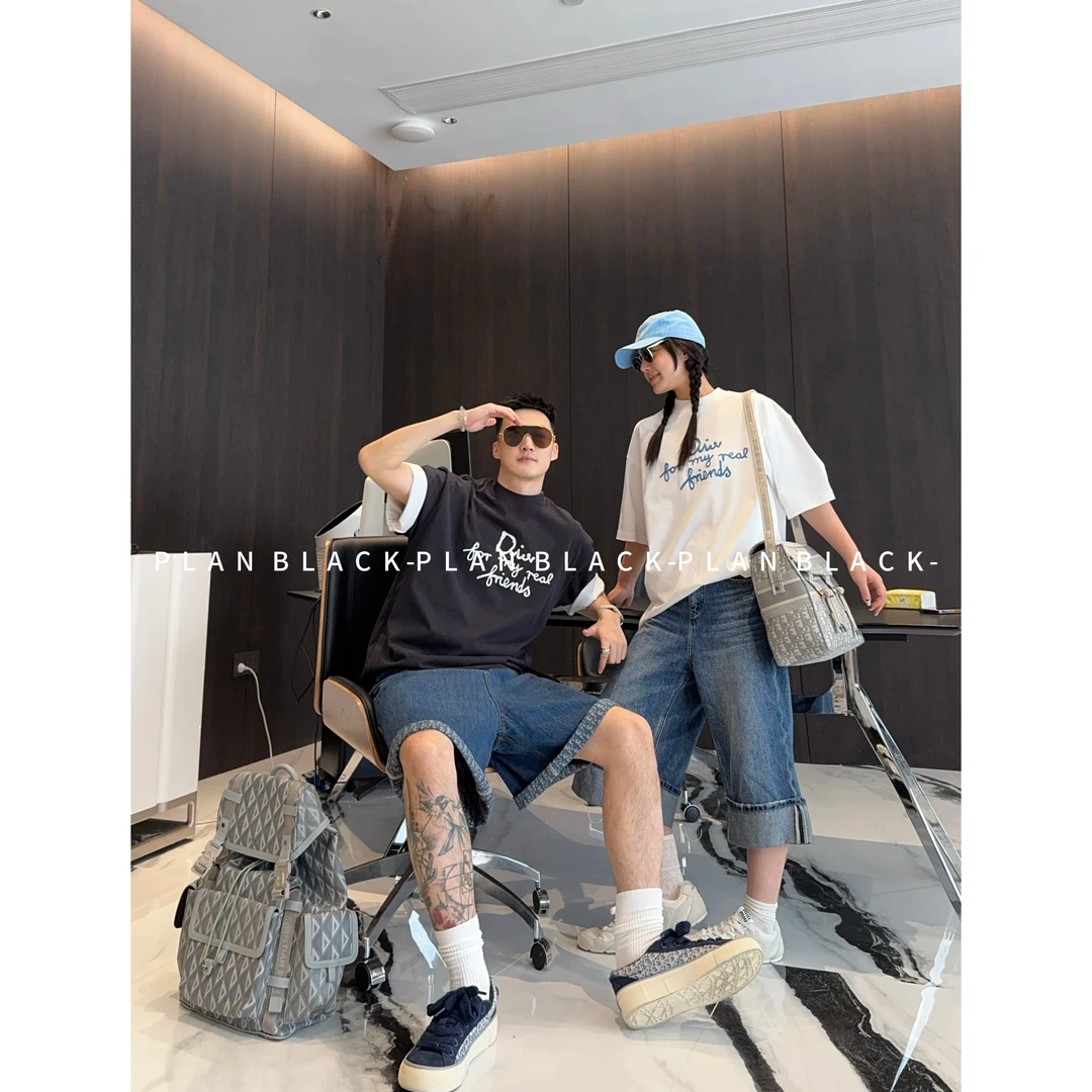 RICH陈发财【CD字母标语】锁链绣签名！情侣小领口刺绣T恤6915