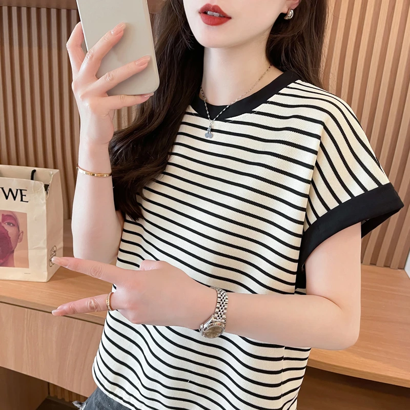 短款条纹设计韩版短袖T恤宽松洋气打底衫百搭显瘦夏季小个子上衣