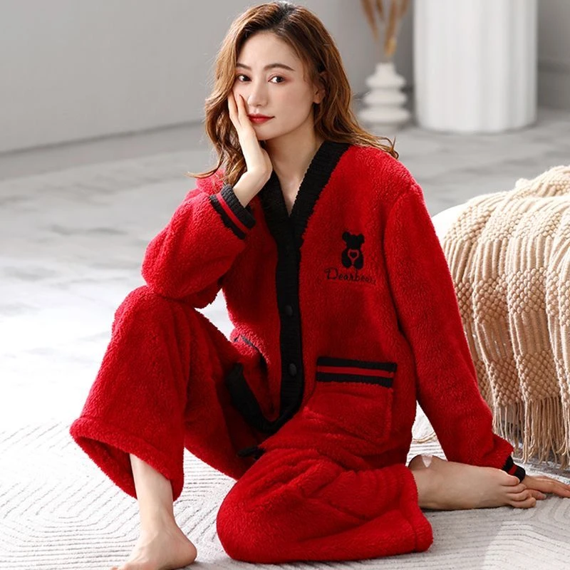 2025秋冬季新款半边绒加绒加厚开衫刺绣套装睡衣女宽松大码家居服
