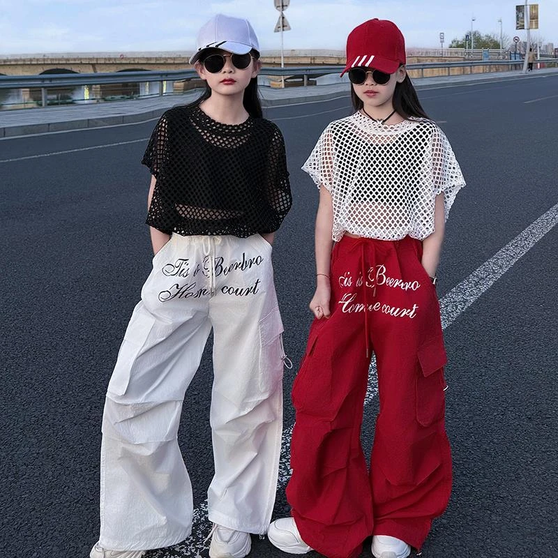 美式复古工装裤女童夏儿童爵士服少儿阔腿束脚酷中大童潮酷街舞服