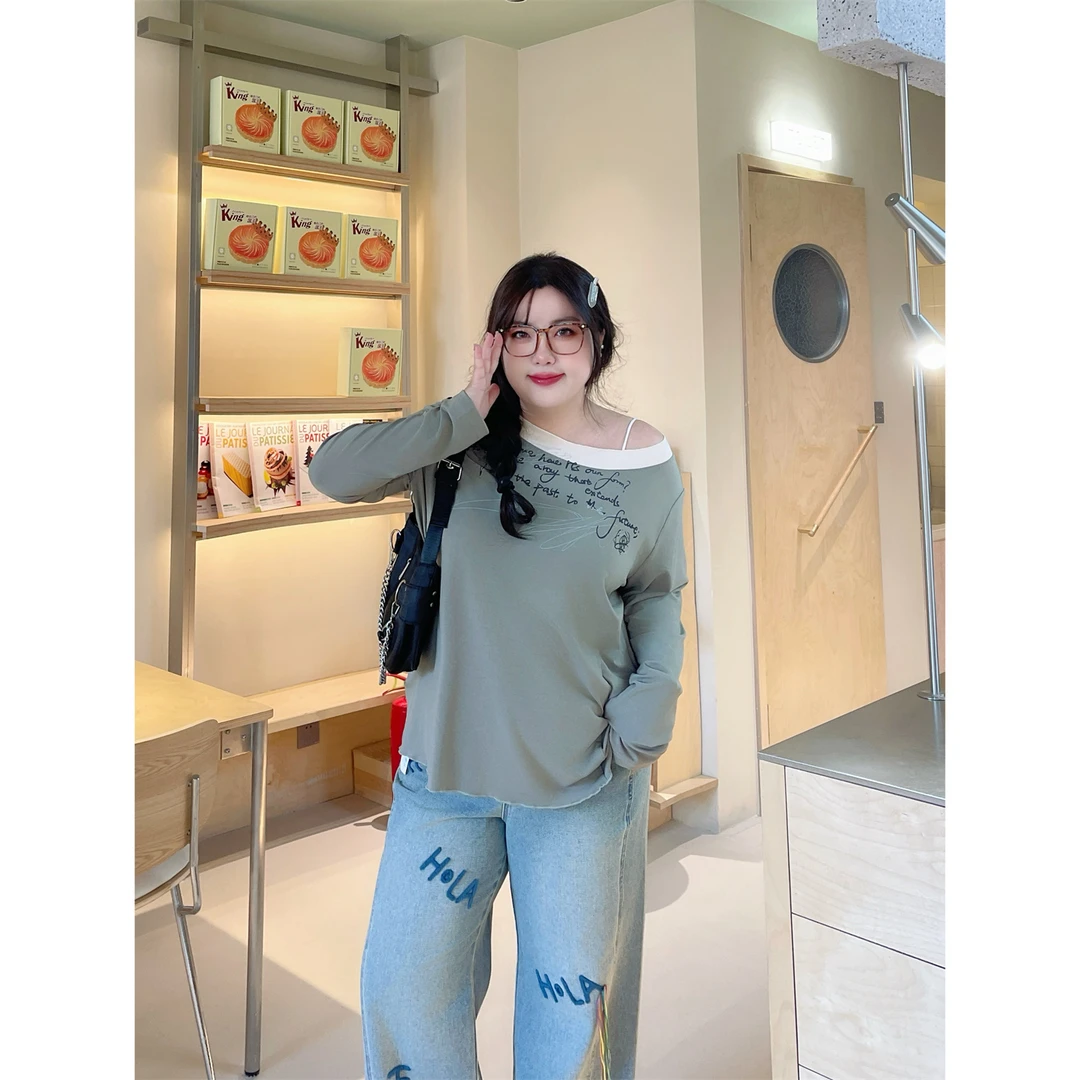 叠穿玩家 / 韩范假两件长袖T恤13480花契200斤胖mm春季简约洋气