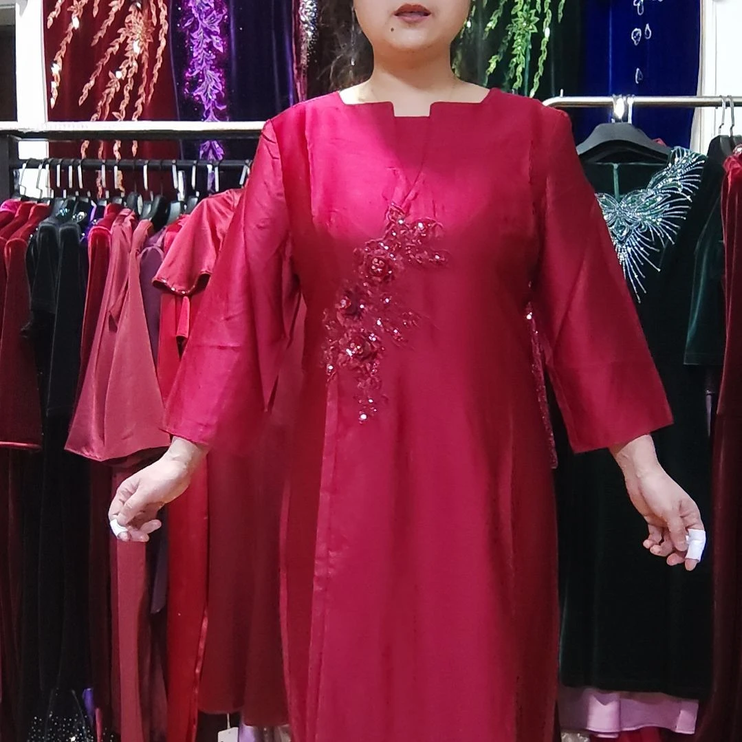 品牌枣红前开叉单层连衣裙4XL125斤-135斤内