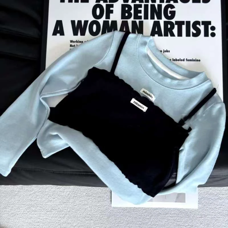 女童秋季新款卫衣假两件上衣洋气女宝宝圆领长袖T恤