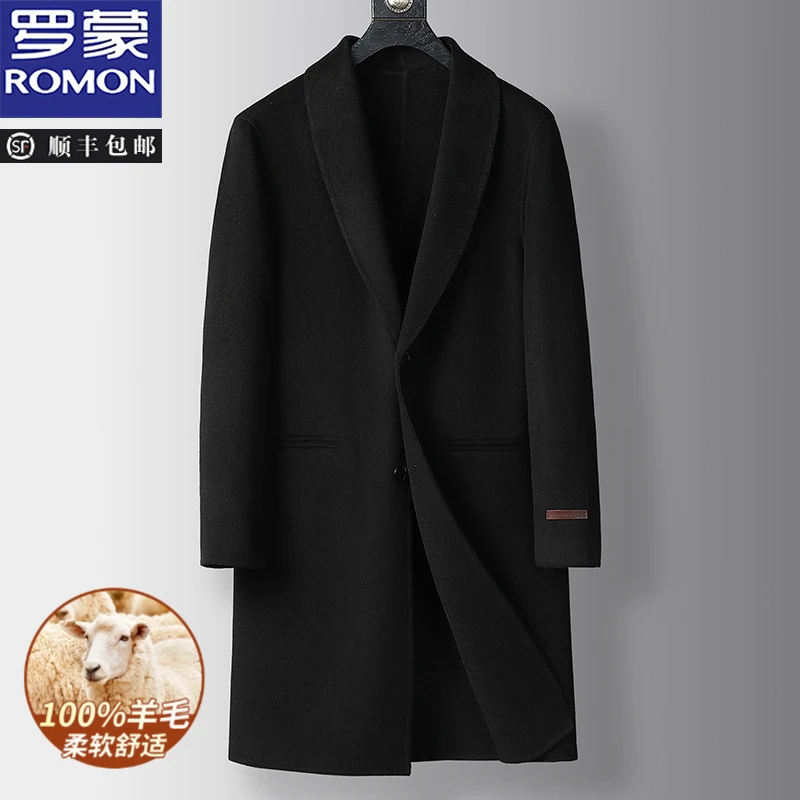 罗蒙100%全羊毛男士双面尼大衣冬季中长款加厚西装领毛呢外套