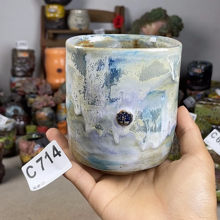 紫砂花盆孤品油画圆方 种球 景天百搭 内口8.2