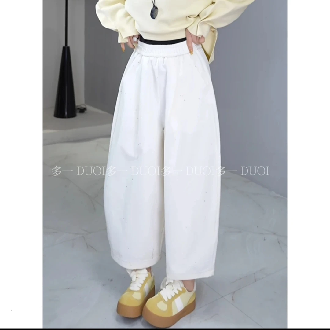 多一“满星”2025早春高腰松紧亮片设计立体剪裁时尚阔腿休闲裤