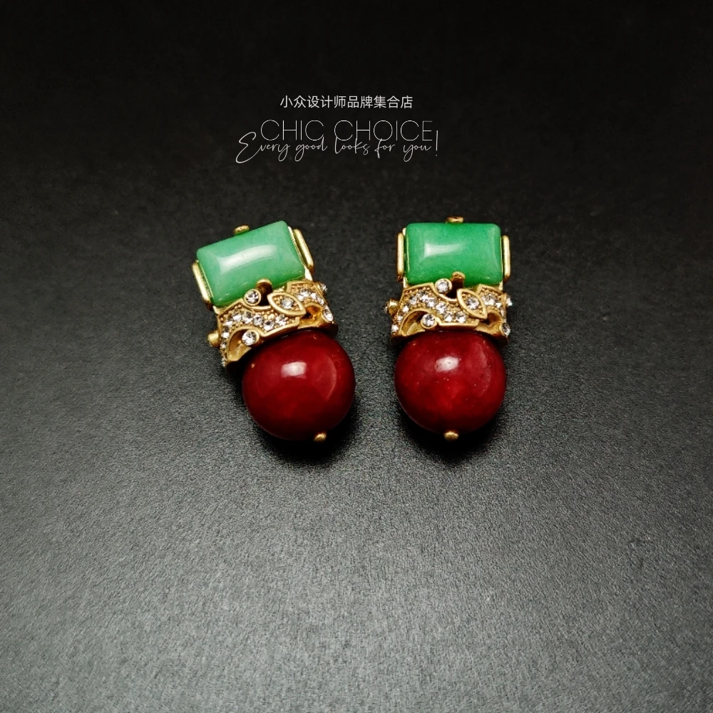 铜合金琉璃耳饰 绿红双拼风格化耳钉