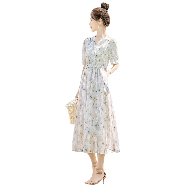 丝柏舍2025夏装新款女V领茶歇法式连衣裙温柔风碎花裙S42B1243LA