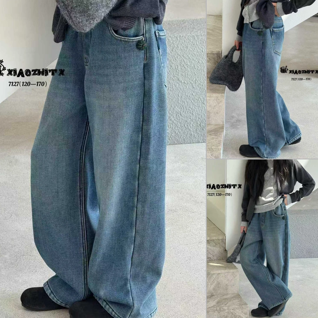 女童冬季新款加绒一体绒 直筒版牛仔裤  25D151